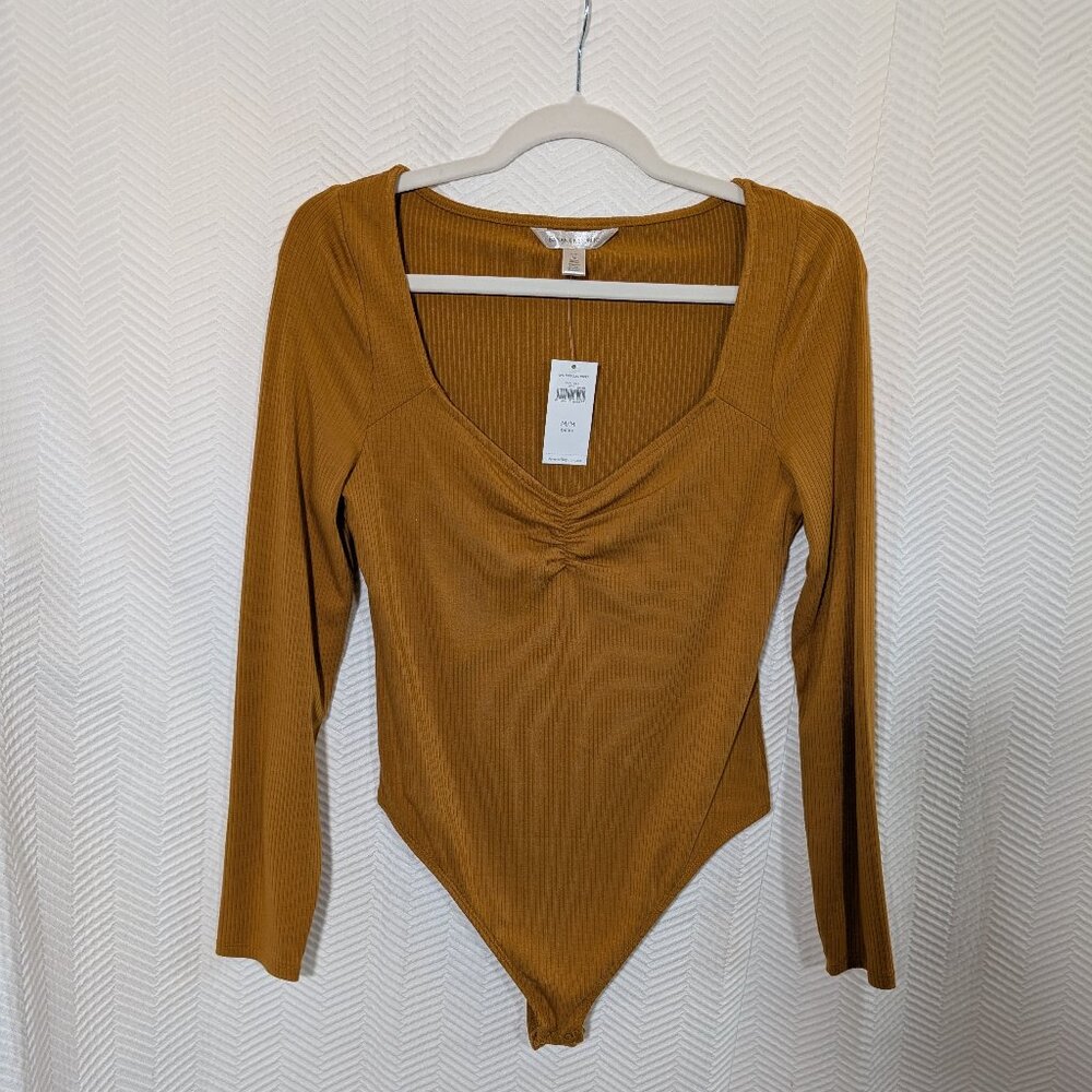 Banana Republic Long Sleeve Bodysuit Ribbed Golden Tan Medium Petite Basics NWT